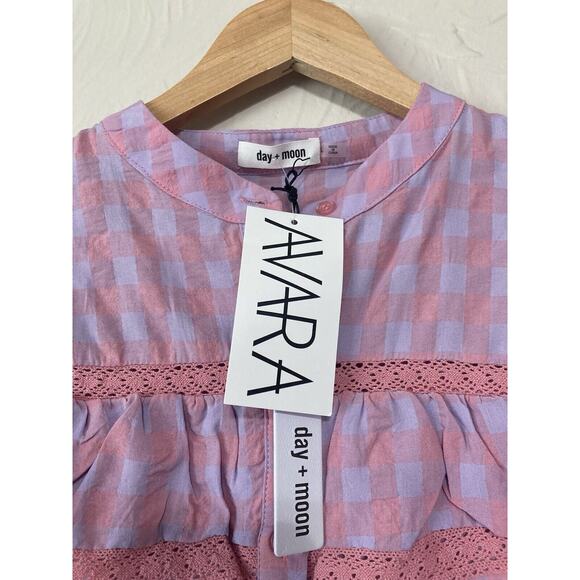 Day + Moon Gingham Ruffled Blouse In Pink Size Large - Picture 3 of 8